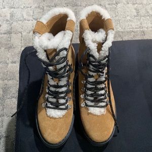 Marc Fisher Tan Suede, Black and Tan Lace and White Sherpa Boot